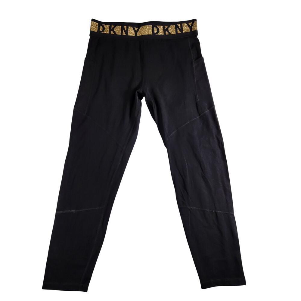 DKNY Black Gold Glitter Everyday Cotton 7/8 Crop Pocket Legging Pants - Medium